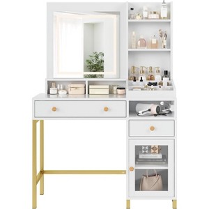 Vanity Desk with Lighted Mirror, Large Makeup Dressing Table Whit Power Outlet 2 Drawers 1 Cabinet and Open Storage Shelves for Bedroom Women Girls - 1 of 4