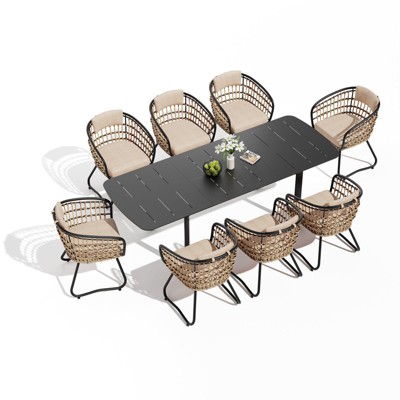 Crestlive Products Aluminum 9pc Extendable Patio Dining Set with Butterfly Leaf Rectangular Extension Table Expandable Outdoor Table with chairs