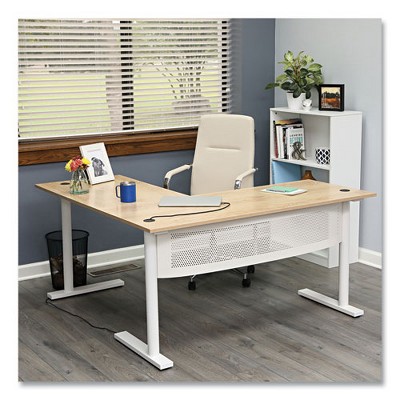 Beigewood and White L-Shaped Writing Desk with Metal Base