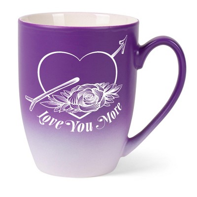 Elanze Designs Romantic Floral Valentines Coffee Cup Mug 12 Ounce Ceramic With Ombre Gradient Love You More Arrow Heart and Rose Purple and White