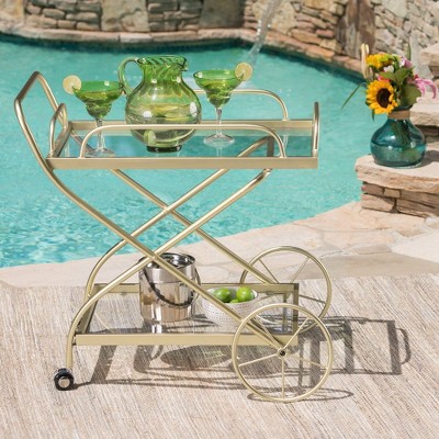 Bar Cart, 2 Tier Mobile Serving Cart, Rolling Metal Kitchen Cart with Glass Shelves, Beverage Small Bar Cart for Kitchen Living Room