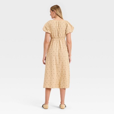 Женские платья Universal Thread Women's Puff Short Sleeve Midi Sundress - Universal Thread™ Tan Floral XL — фото 2