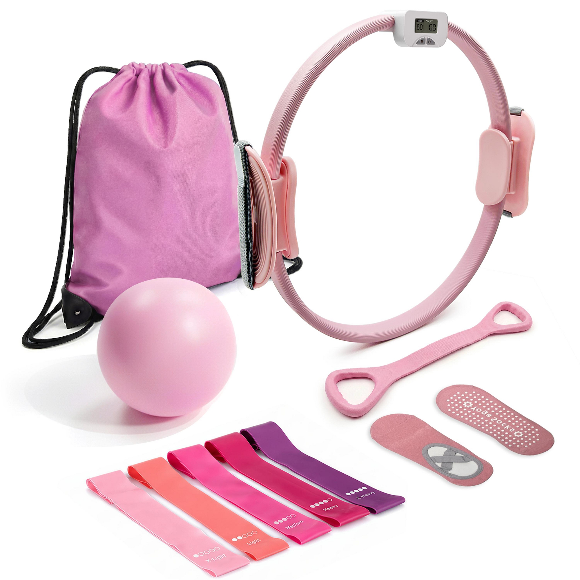 T3 Counting Pilates Ring Set with Adjustable Straps | Smart Fitness & Yoga Kit for Home Workout, Body Shaping & Core Training Pink 9-piece set