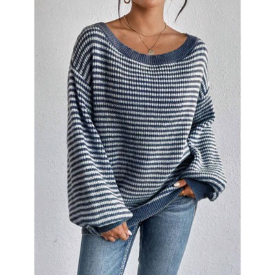 Women's Long Sleeve Sweaters Casual Striped Off Shoulder Knitted Pullover Sweater