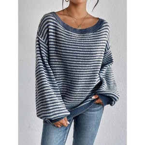 Women's Long Sleeve Sweaters Casual Striped Off Shoulder Knitted Pullover Sweater - 1 of 4