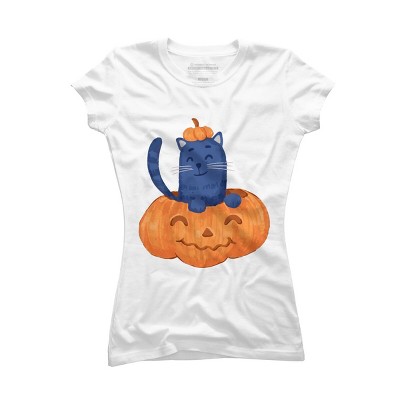 Junior's Design By Humans Halloween Cat In A Pumpkin By wubbadub T-Shirt