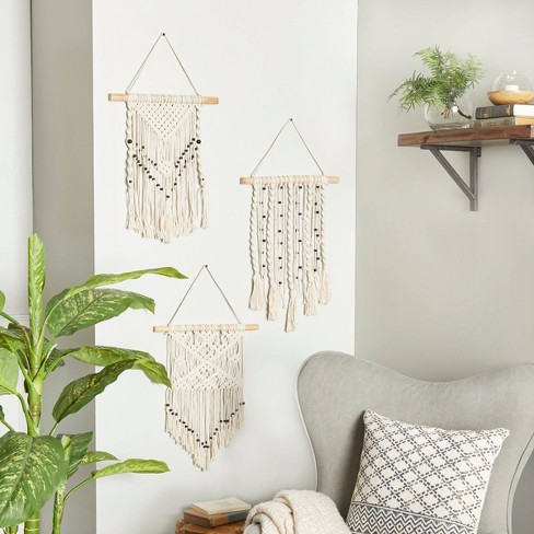 Set of 3 Cotton Macrame Handmade Intricately Weaved Wall Decors with Beaded  Fringe Tassels Cream - The Novogratz