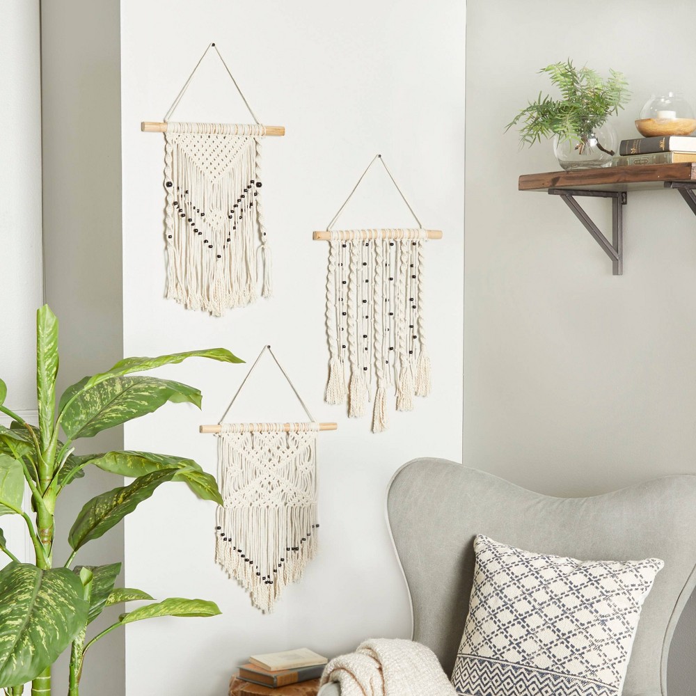 Photos - Wallpaper Set of 3 Cotton Macrame Handmade Intricately Weaved Wall Decors with Beade