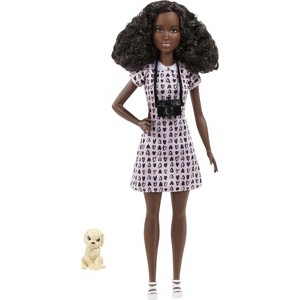 Barbie Photographer Petite Fashion Doll Dressed in Heart-print Dress with Brunette Hair - 1 of 4