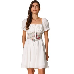 INSPIRE CHIC Women's Corset Mini Square Neck Short Sleeve Patchwork Smocked Dress - 1 of 4