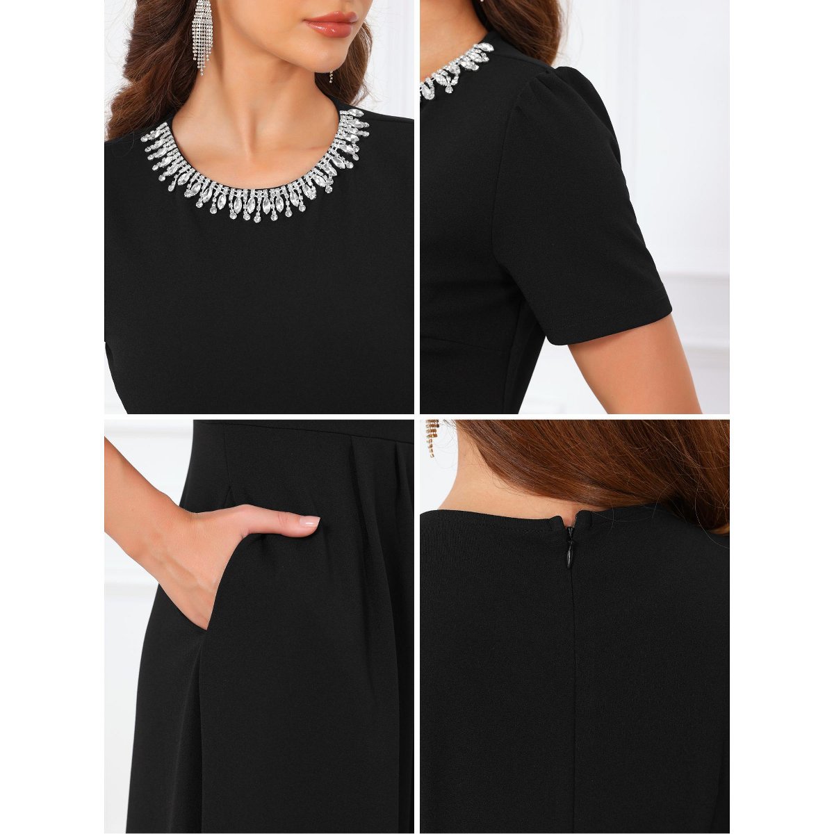 Женские платья INSPIRE CHIC Women's Evening Cocktail Beaded Rhinestones Crewneck Short Sleeve A-Line Formal Dress X-Large Black — фото 5