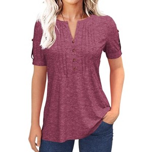 Imily Bela Women's Summer Pleated Button Short-Sleeve T-Shirt, Solid Color V-Neck Casual Top - 1 of 4
