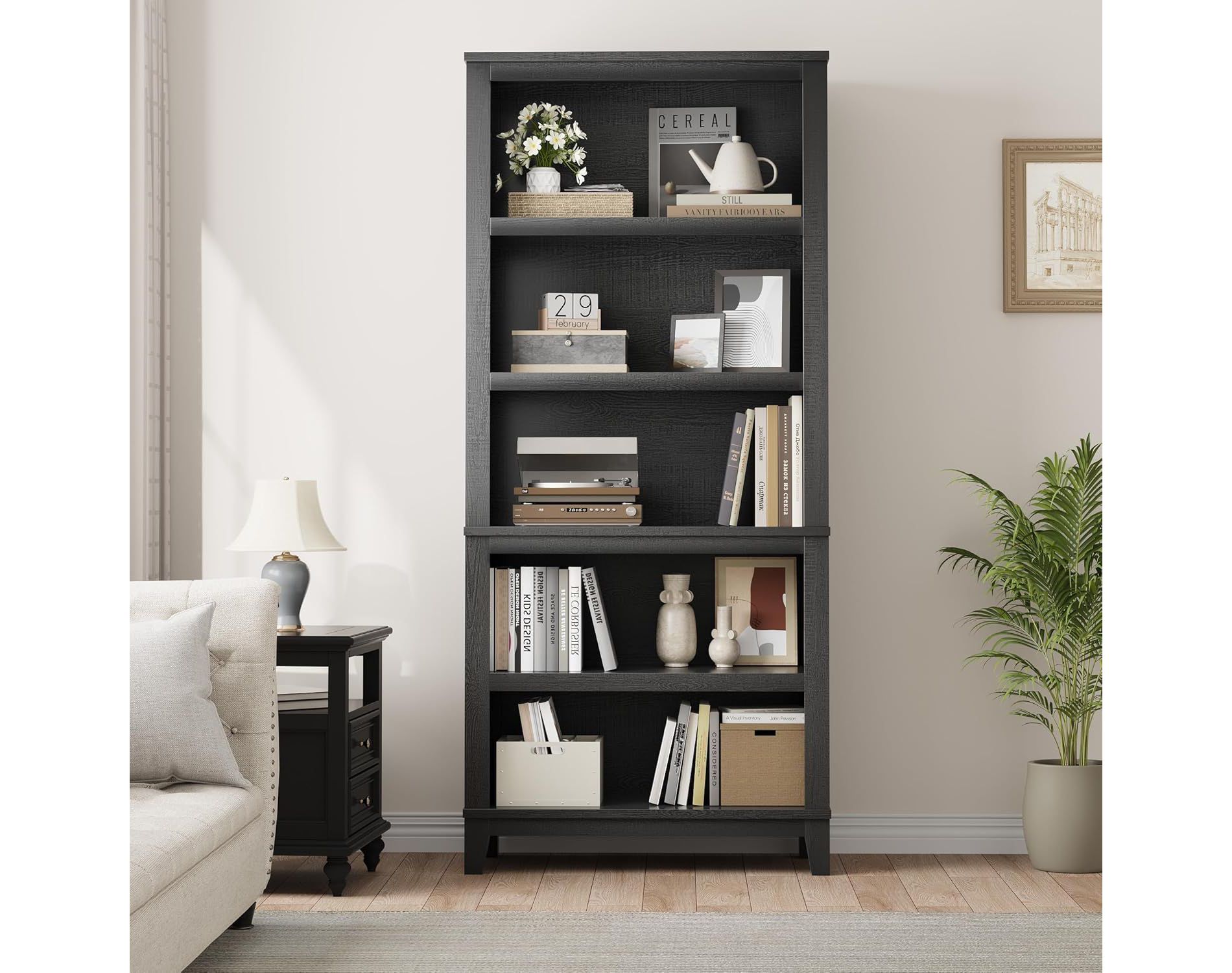Acekool 71.3" Tall 5-Tier Wooden Bookshelf with 3 Adjustable Shelves, 11.8" Wide Slim Floor-Standing Bookcase for Living Room, Bedroom