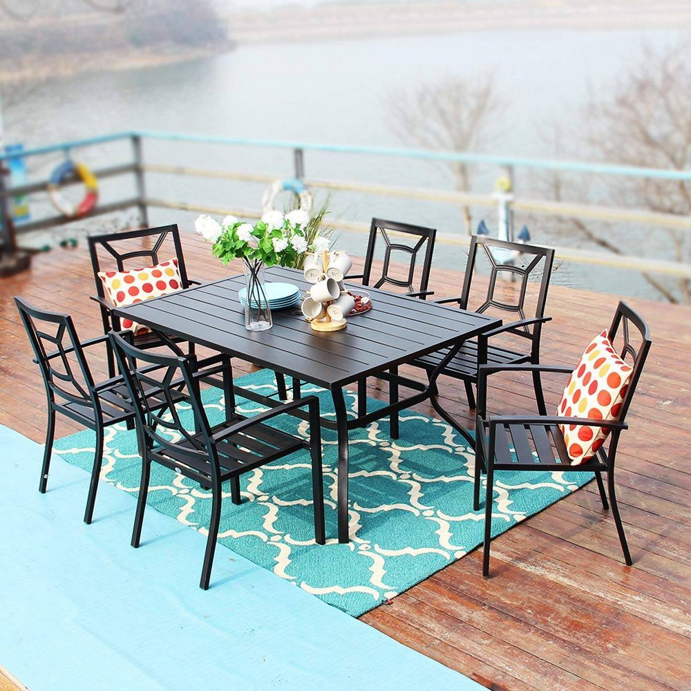 7pc Outdoor Rectangular Table & 6 Chairs with Square Design – Black – Captiva Designs  – Patio​