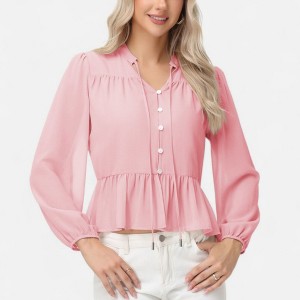 Anna-Kaci Women's Long Sleeve Button Front Peplum Blouse with V-Neckline and Gathered Waist Detail - 1 of 4