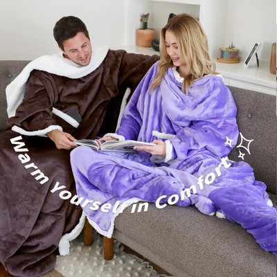 Brown Sherpa Fleece Wearable Blanket with Sleeves and Foot Pockets