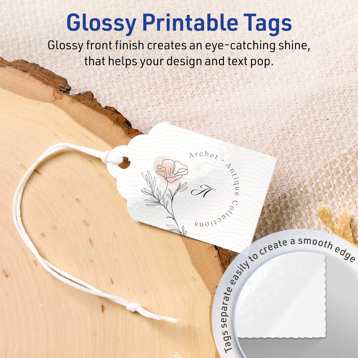 2" x 1-1/4" Rectangle Scalloped Edge, Glossy White Printable Tags - thumbnail 2