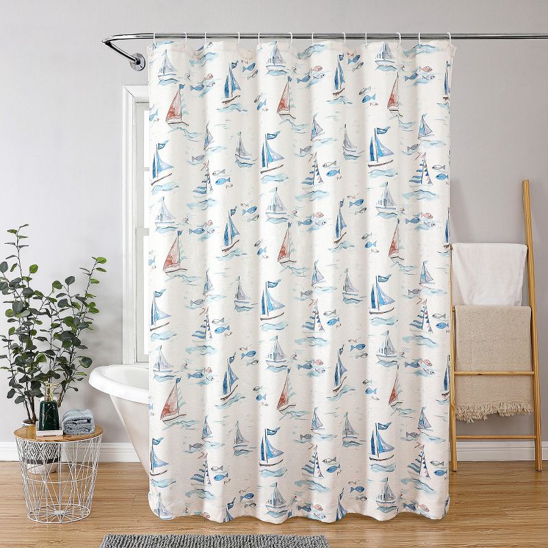 Kate Aurora Maritime Blues Coastal Sailboats And Fish Fabric Shower Curtain - 72 in. Wide x 72 in. Long, 1 of 3
