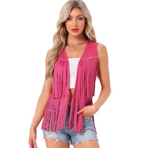 INSPIRE CHIC Women's 70s Western Open Front Faux Suede Fringe Vest - 1 of 4