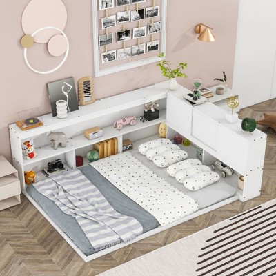 Okak Full Size Platform Bed Frame with L-shaped Bookcases,Storage Floor Bed for Kids Bedroom