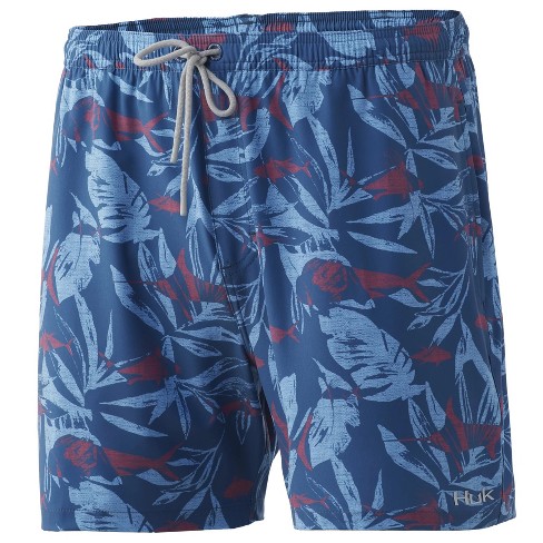 HUK Men's Pursuit Ocean Palm Volley Bathing Suit Swim Shorts - TITANIUM  BLUE - M