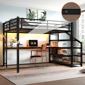 Full/Queen Size Metal Loft Bed with Desk, LED Light, USB Ports, Storage Stairs & Multifunctional Iron Nets, Black - ModernLuxe - 1 of 4
