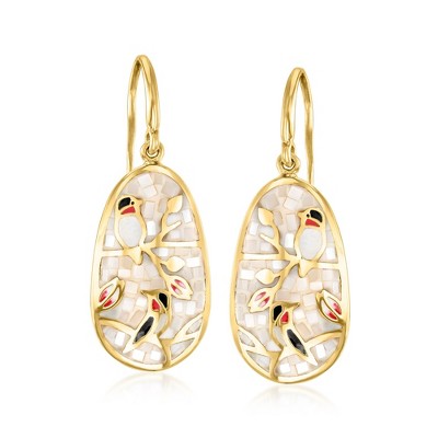 Ross-Simons Mother-Of-Pearl and Multicolored Enamel Bird Drop Earrings in 18kt Gold Over Sterling