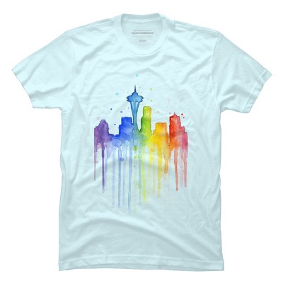 Men's Design By Humans Seattle Skyline Rainbow Watercolor By OlechkaDesign T-Shirt