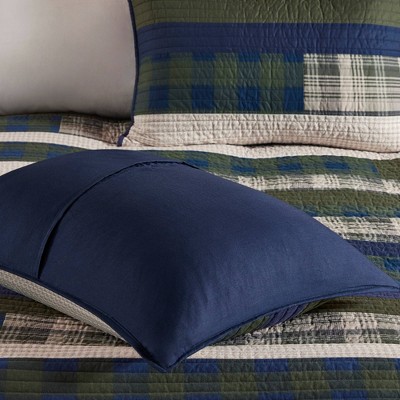 Blue and Green Plaid Cotton King Quilt Set