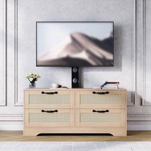 Rattan TV Stand with Mount & 4 Drawers, Wooden Entertainment Center for ...