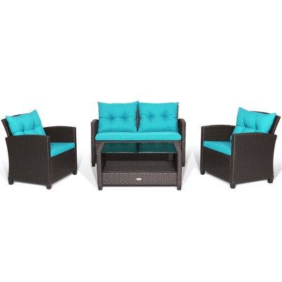 Tangkula Patio Rattan 4PCS Cushioned Chair Coffee Table Classic Furniture Set Bistro Set Single Sofa with Thick Cushion for Garden Navy/Red/Turquoise
