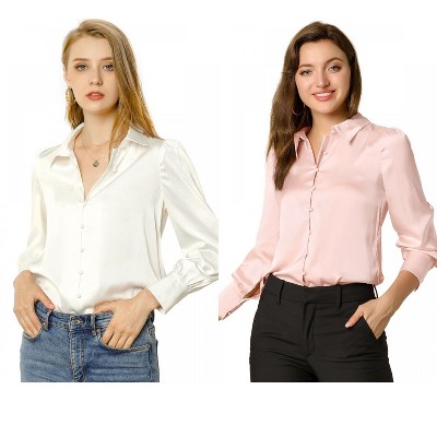 Allegra K Women's Satin Puff Sleeve Point Collar Vintage Button Up Shirt 2 Pcs