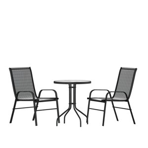 Emma and Oliver Three Piece Patio Table Set with Round Metal Frame Table with Tempered Glass Top and Two Flex Comfort Stacking Chairs - 1 of 4