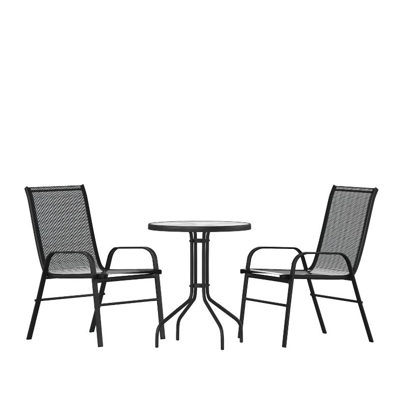 Emma and Oliver Three Piece Patio Table Set with Round Metal Frame Table with Tempered Glass Top and Two Flex Comfort Stacking Chairs, 1 of 11