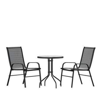 Emma and Oliver Three Piece Patio Table Set with Round Metal Frame Table with Tempered Glass Top and Two Flex Comfort Stacking Chairs