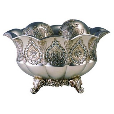 HomeRoots 7" Silver Scalloped Design Polyresin Decorative Bowl With Orbs