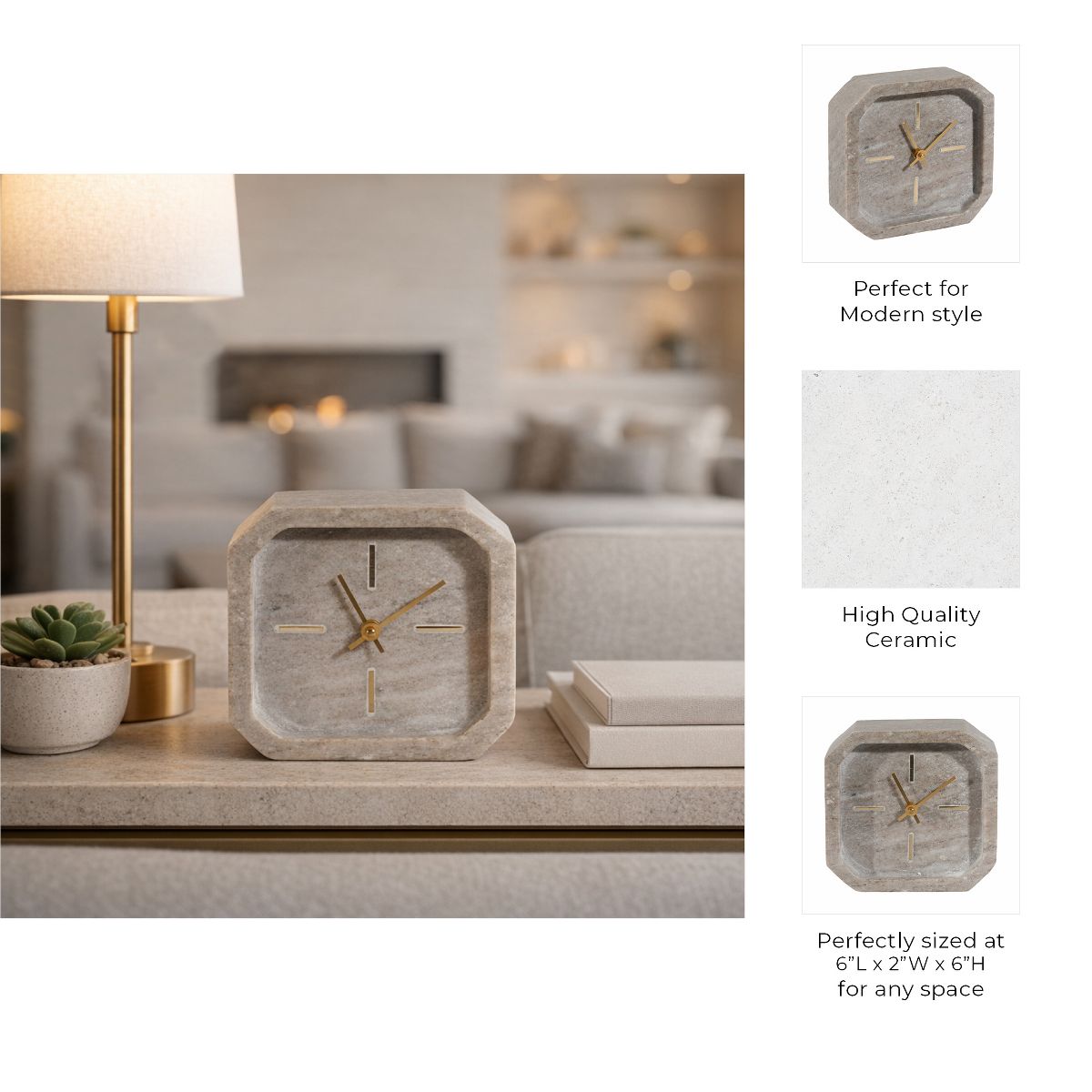 Octagon Marble Table Clock for Living Room and Office Decor - Small Decorative Desk Clock for Mantel, Shelf, Console, and Table - thumbnail 4