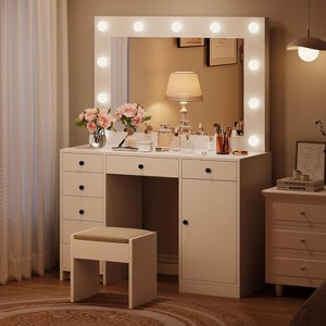 47" Vanity Desk with Mirror & Lights - 3 Adjustable Lighting Modes, Power Outlet, 7 Drawers & 1 Door - White Dressing Table for Bedroom - 1 of 4