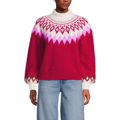 Lands' End Women's Fuzzy Turtleneck Lantern Sleeve Jacquard Sweater