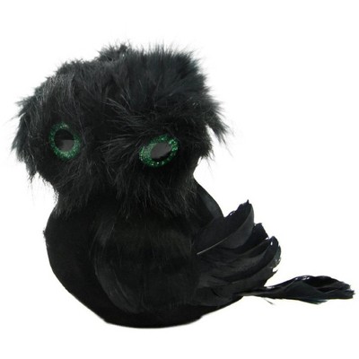 Allstate Floral 5.75" Faux Fur and Feather Owl Halloween Decoration - Black/Green