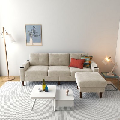 Convertible L-Shaped Combo Sofa with Storage Cabinet Footstool, Small Space 3-Seat Combo Sofa