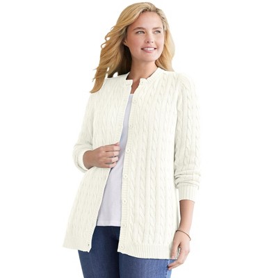 Woman Within Plus Size Cotton Cable Knit Cardigan Sweater