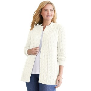 Woman Within Plus Size Cotton Cable Knit Cardigan Sweater - 1 of 4