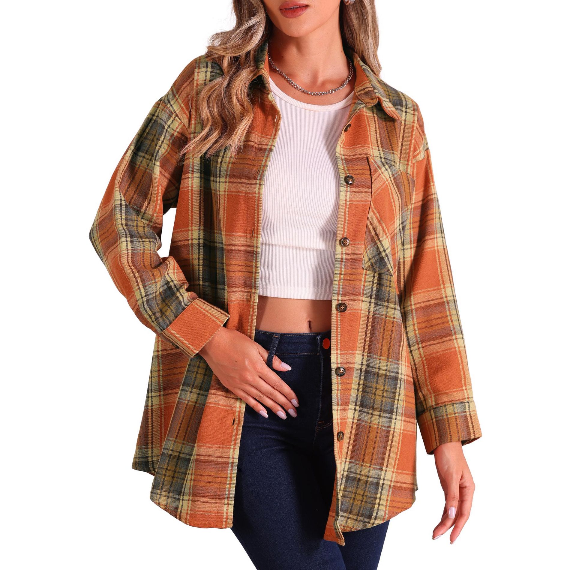INSPIRE CHIC Women's Vintage Plaid Flannel Long Sleeve Button Down Collar With Pocket Casual Shirts