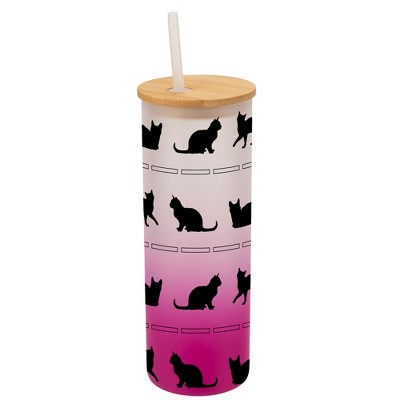 Elanze Designs Kitty Cat Lover Pet Animal Wrap-Around Design 25 Ounce Frosted Gradient Glass On-The-Go Coffee Travel Skinny Tumbler Mug Cup, Bamboo