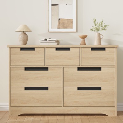 7 Drawer Dresser for Bedroom, Natural Oak Double Dresser Organizer with Embedded Handles, Wooden Chest of Drawers for Living Room Nursery Hallway