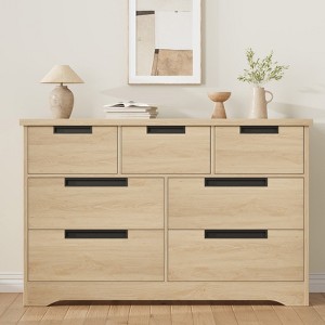 7 Drawer Dresser for Bedroom, Natural Oak Double Dresser Organizer with Embedded Handles, Wooden Chest of Drawers for Living Room Nursery Hallway - 1 of 4