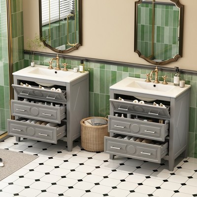 Grungis Bathroom Vanity with Ceramic Sink Combo,Freestanding Single Vanity Set with 3 Drawers,Bathroom Storage Cabinet with Wood Frame