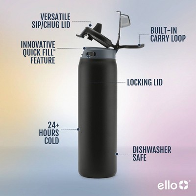 Ello Pop and Fill 22oz Stainless Steel Water Bottle Black