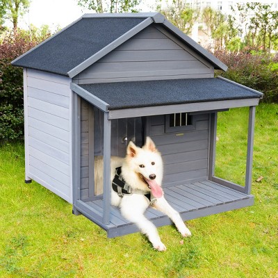 LAOTIES Large Outdoor Dog House with Porch,Weatherproof Wood Dog Kennel,Asphalt Roof,Removable Floor